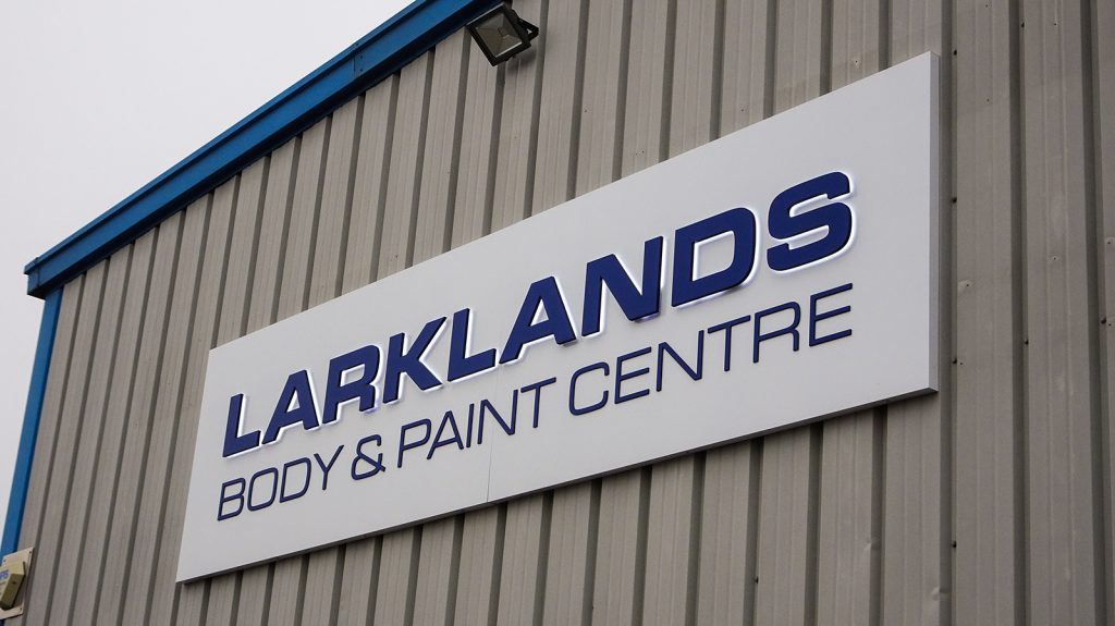 Larklands Tray Sign in Ilkeston, Derbyshire to front of building.
