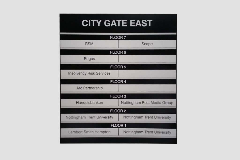 Wayfinding Systems displaying various floors and companies.