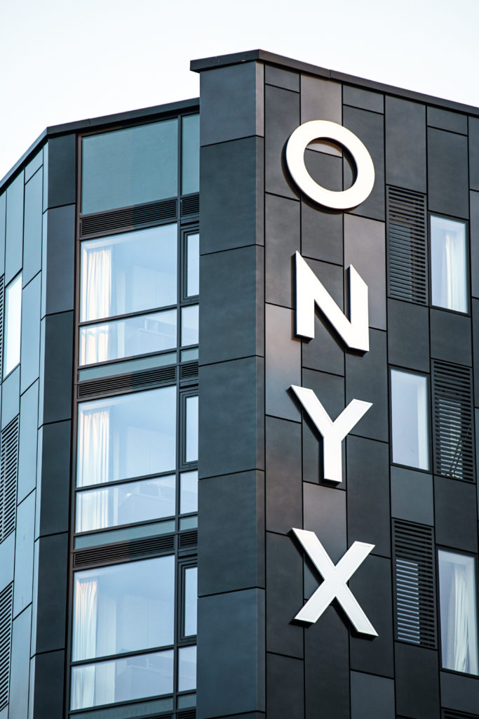 ONYX Student Accommodation signage high level built up LED illuminated letters