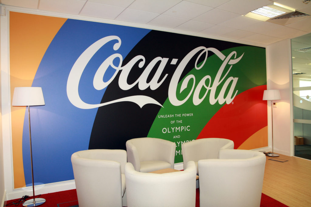Coca-Cola digitally printed wall graphic meeting area.