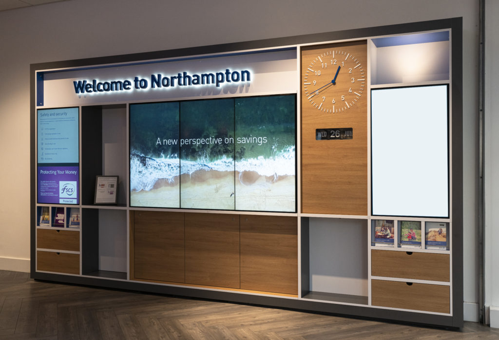 Wall display signs at Northampton Coventry Building Society branch.