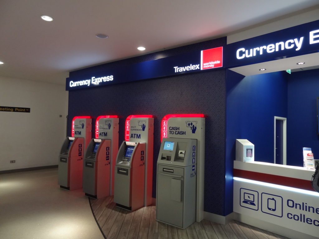 ATM surrounds at Travelex within the airport terminal building.