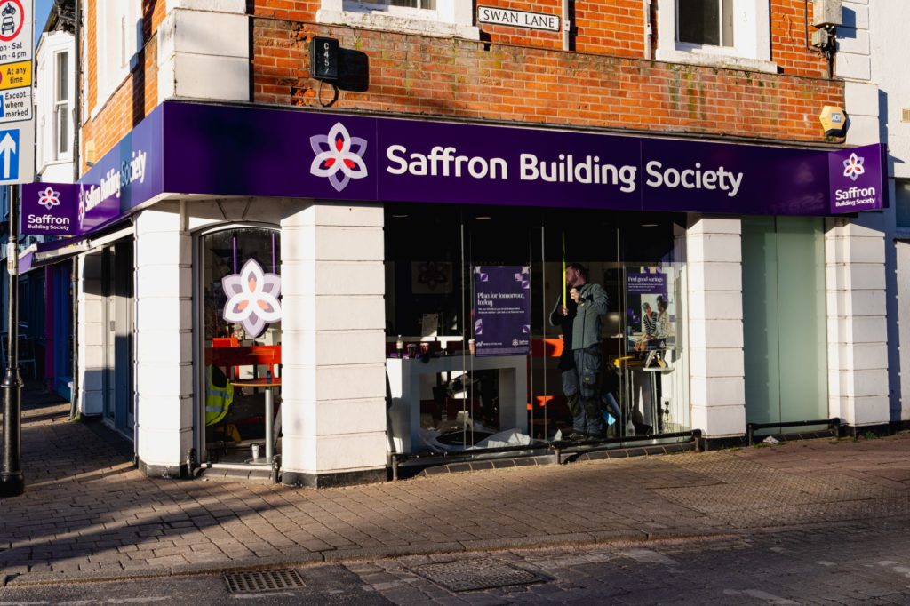 Aluminium tray signs and projecting signs for building society branch at Haverhill.